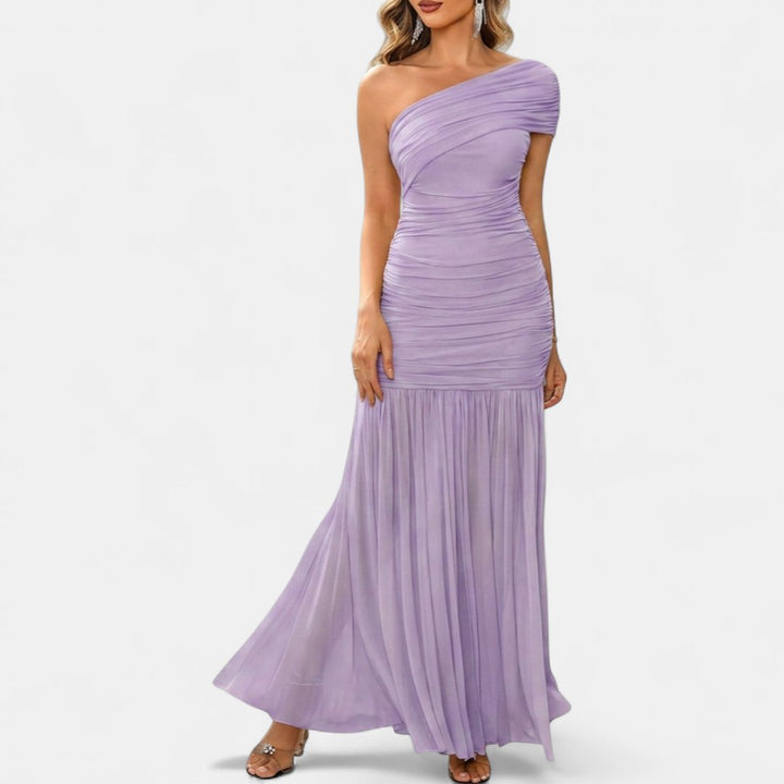 Women's Ruched Mermaid Wedding Guest Maxi Dress, One Shoulder