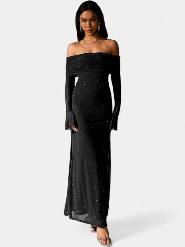 Women's Long Sleeve Wedding Guest Maxi Dress, Off Shoulder Sequin