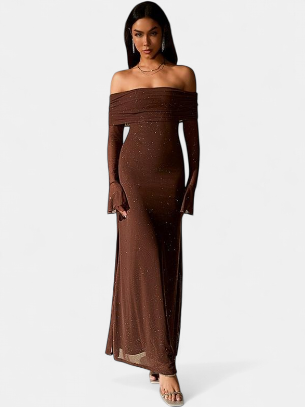 Women's Long Sleeve Wedding Guest Maxi Dress, Off Shoulder Sequin