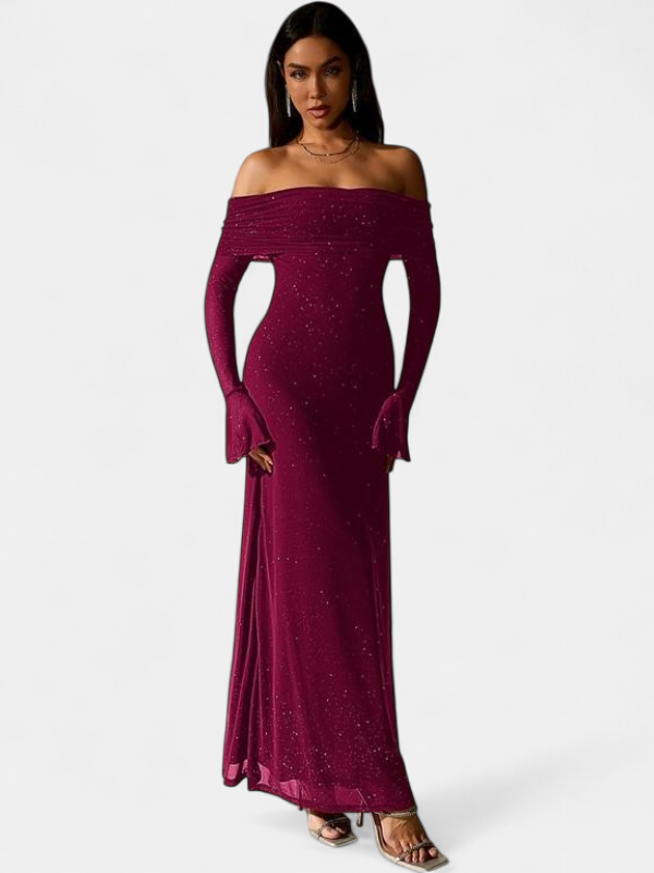 Women's Long Sleeve Wedding Guest Maxi Dress, Off Shoulder Sequin