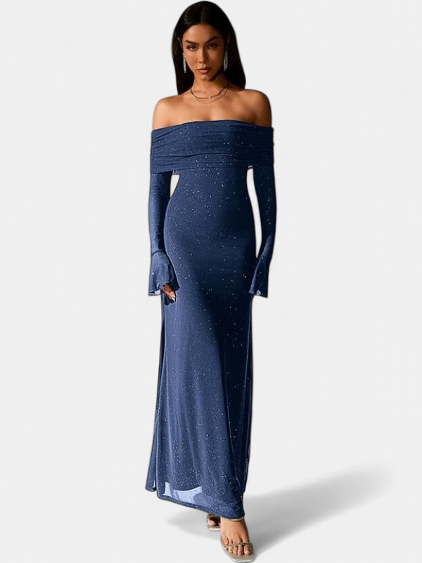 Women's Long Sleeve Wedding Guest Maxi Dress, Off Shoulder Sequin