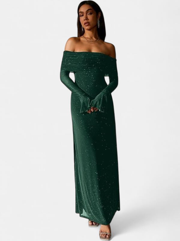 Women's Long Sleeve Wedding Guest Maxi Dress, Off Shoulder Sequin