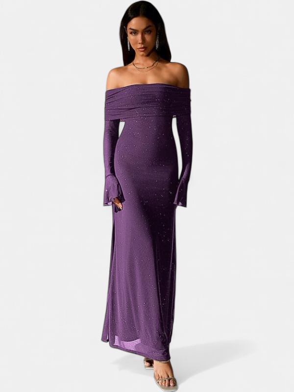Women's Long Sleeve Wedding Guest Maxi Dress, Off Shoulder Sequin