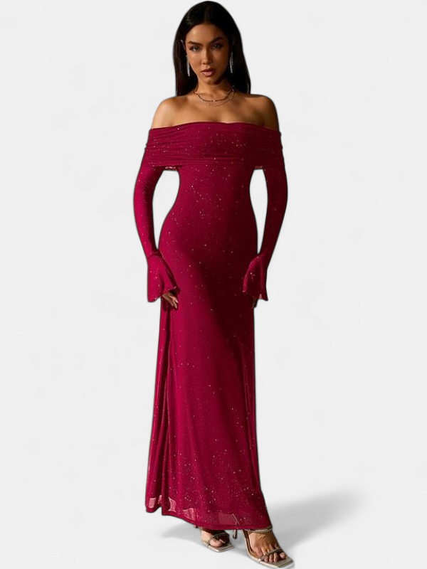 Women's Long Sleeve Wedding Guest Maxi Dress, Off Shoulder Sequin
