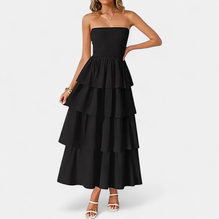 Women's Strapless Wedding Guest Maxi Dress, Smocked Tiered A Line