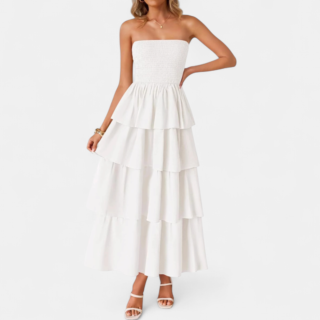 Women's Strapless Wedding Guest Maxi Dress, Smocked Tiered A Line