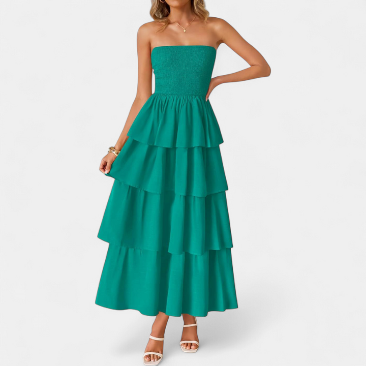 Women's Strapless Wedding Guest Maxi Dress, Smocked Tiered A Line