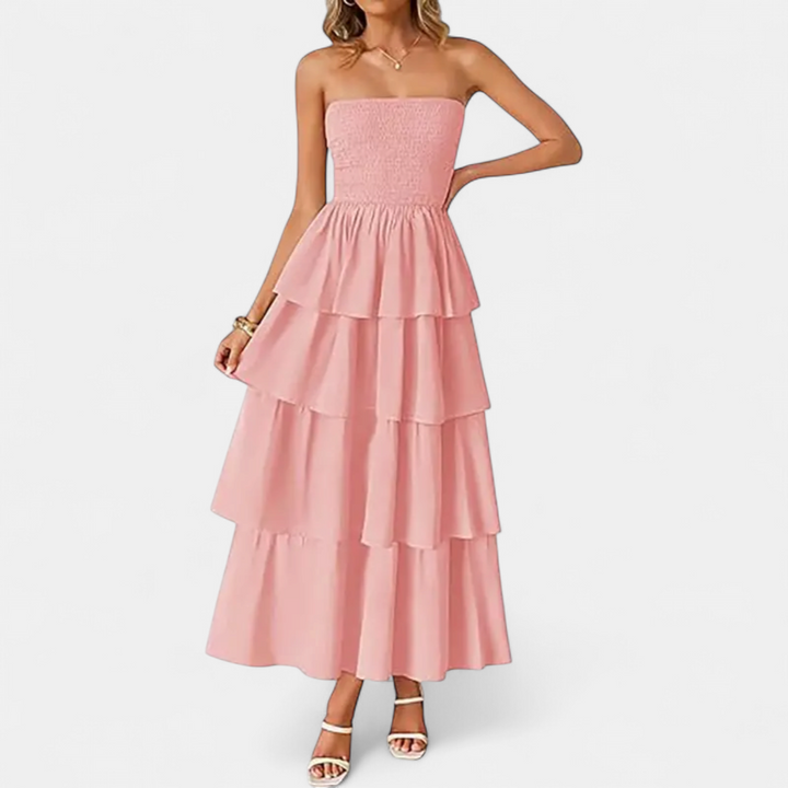Women's Strapless Wedding Guest Maxi Dress, Smocked Tiered A Line
