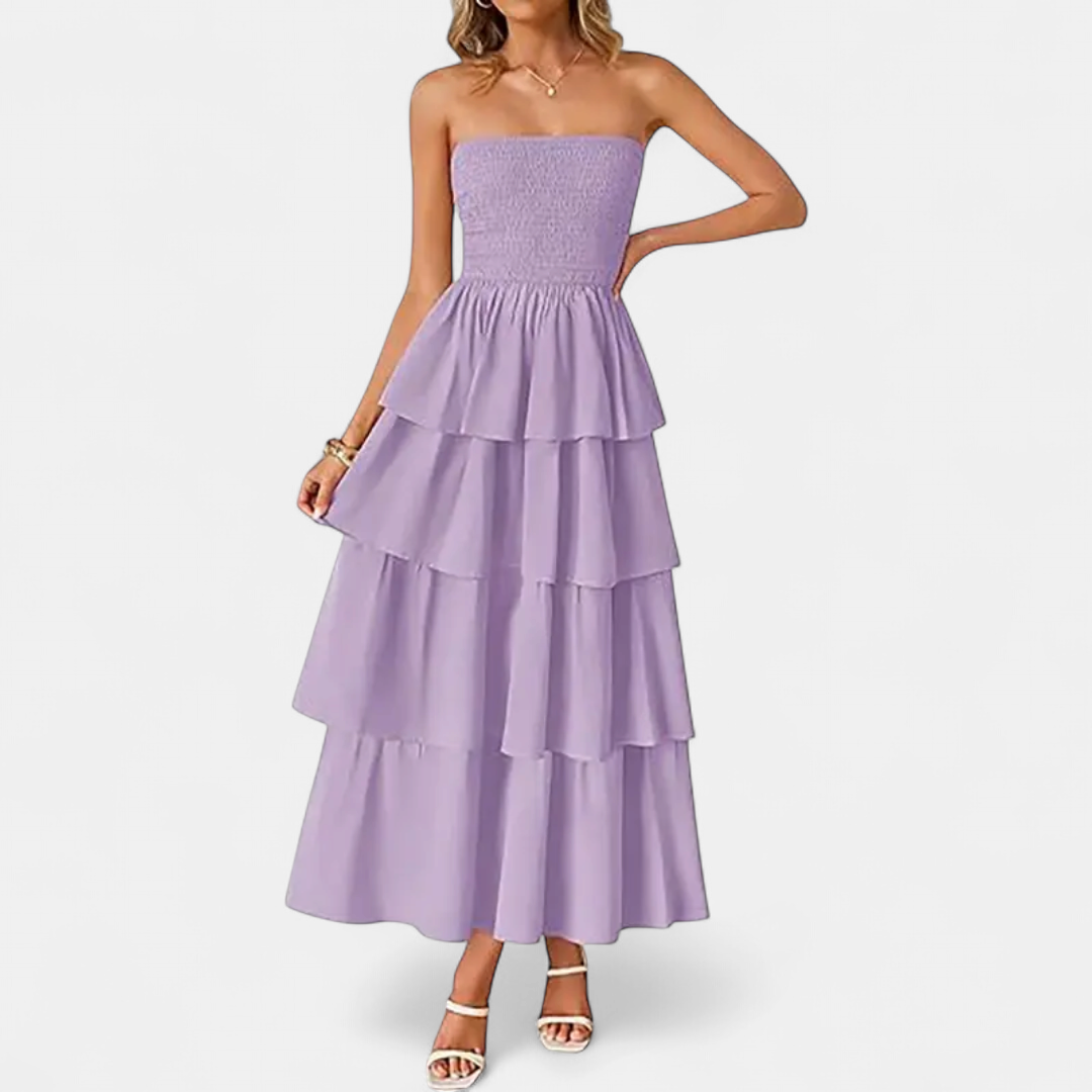 Women's Strapless Wedding Guest Maxi Dress, Smocked Tiered A Line