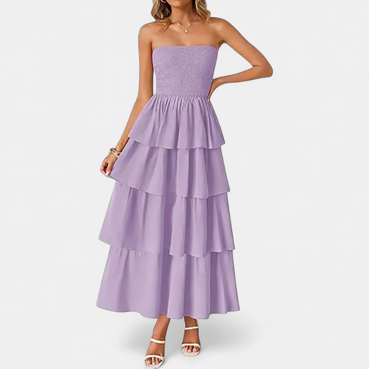 Women's Strapless Wedding Guest Maxi Dress, Smocked Tiered A Line