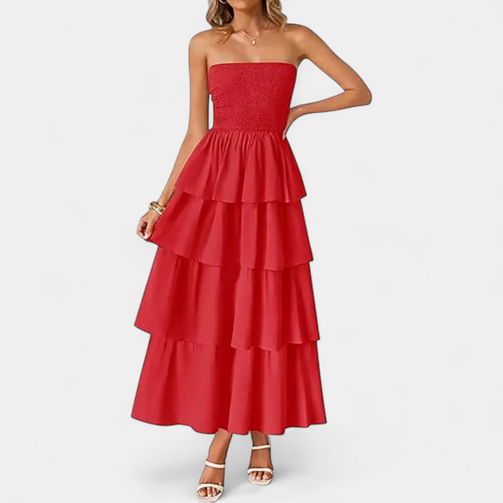 Women's Strapless Wedding Guest Maxi Dress, Smocked Tiered A Line