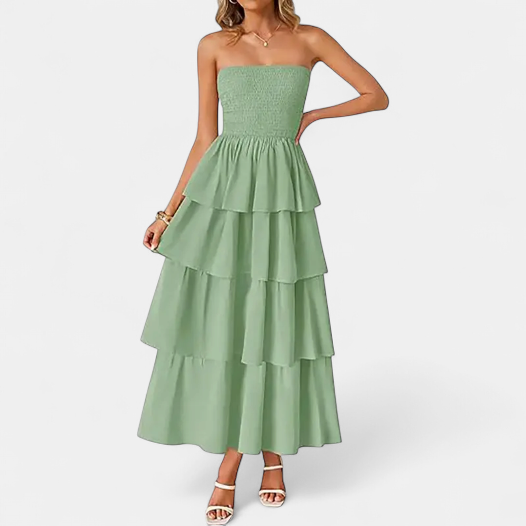 Women's Strapless Wedding Guest Maxi Dress, Smocked Tiered A Line