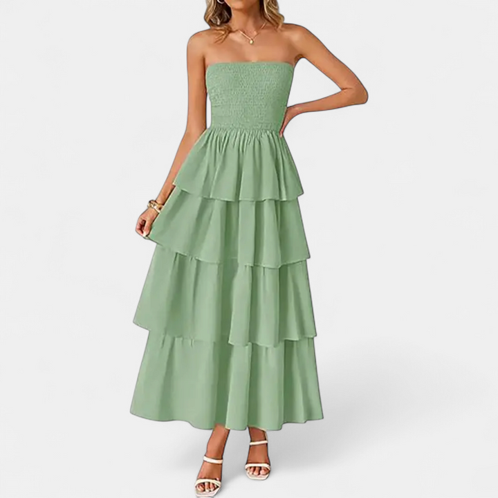 Women's Strapless Wedding Guest Maxi Dress, Smocked Tiered A Line