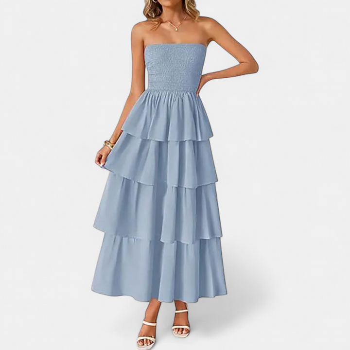 Women's Strapless Wedding Guest Maxi Dress, Smocked Tiered A Line