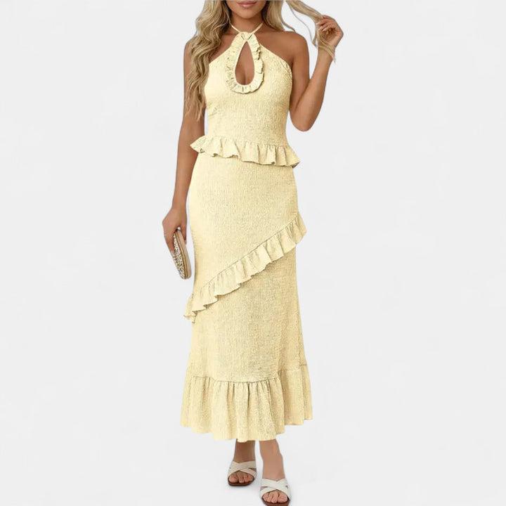 Women's Halter Wedding Guest Maxi Dress, Backless Ruffle Hem