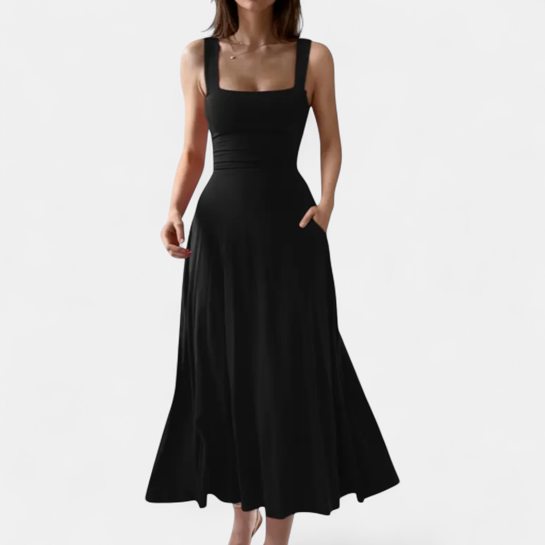 Women's Semi Formal Wedding Guest Midi Dress, Square Neck A Line