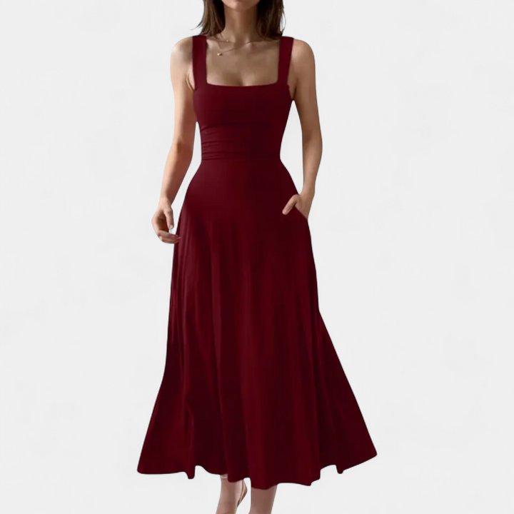 Women's Semi Formal Wedding Guest Midi Dress, Square Neck A Line