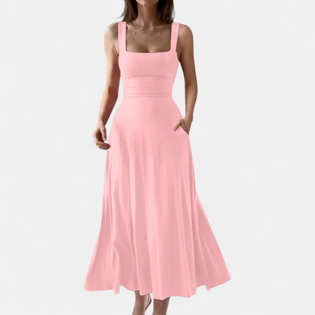 Women's Semi Formal Wedding Guest Midi Dress, Square Neck A Line