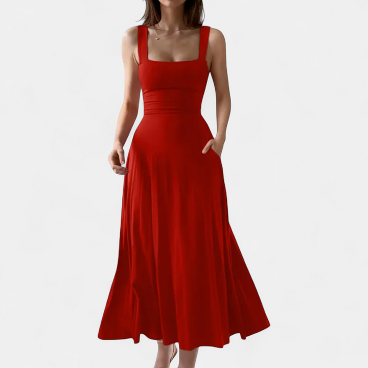 Women's Semi Formal Wedding Guest Midi Dress, Square Neck A Line