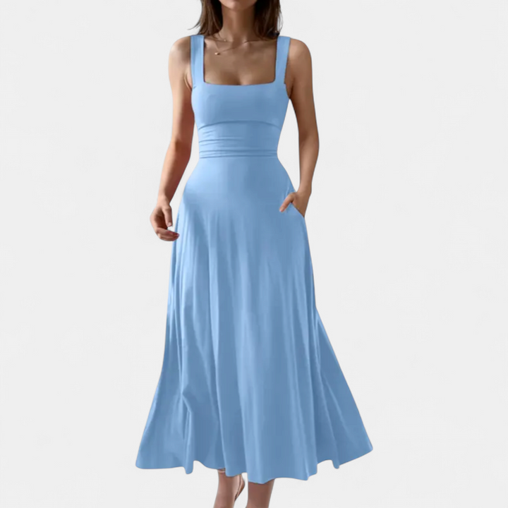Women's Semi Formal Wedding Guest Midi Dress, Square Neck A Line