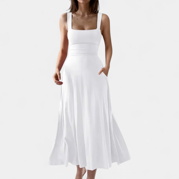 Women's Semi Formal Wedding Guest Midi Dress, Square Neck A Line