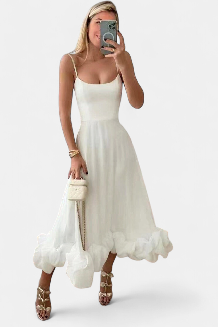 Women's Wedding Guest Midi Dress, Spaghetti Strap Bubble Hem