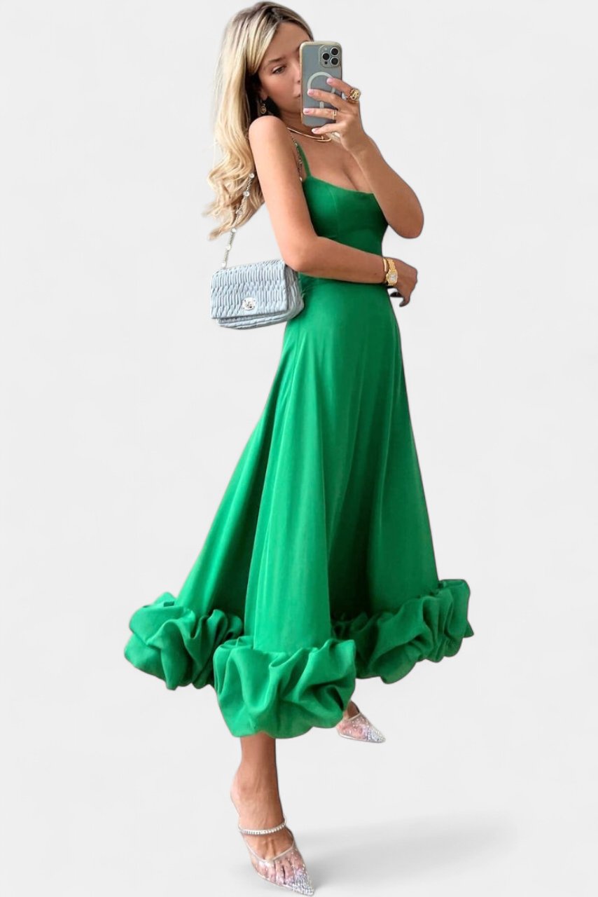 Women's Wedding Guest Midi Dress, Spaghetti Strap Bubble Hem