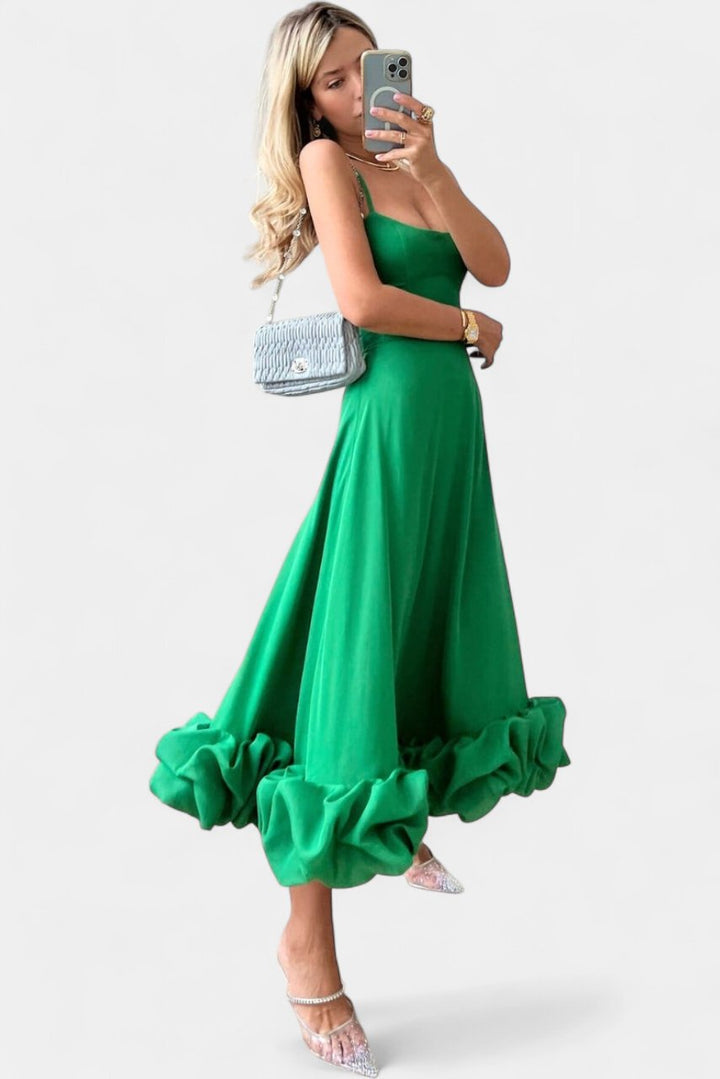 Women's Wedding Guest Midi Dress, Spaghetti Strap Bubble Hem