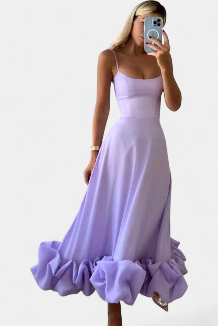 Women's Wedding Guest Midi Dress, Spaghetti Strap Bubble Hem