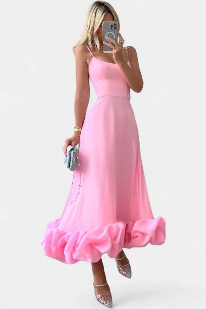 Women's Wedding Guest Midi Dress, Spaghetti Strap Bubble Hem