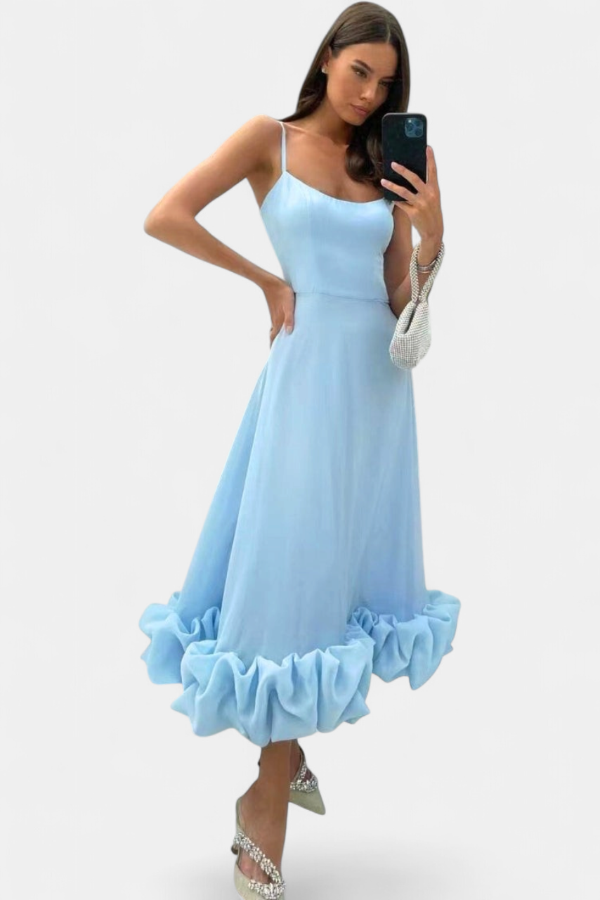 Women's Wedding Guest Midi Dress, Spaghetti Strap Bubble Hem