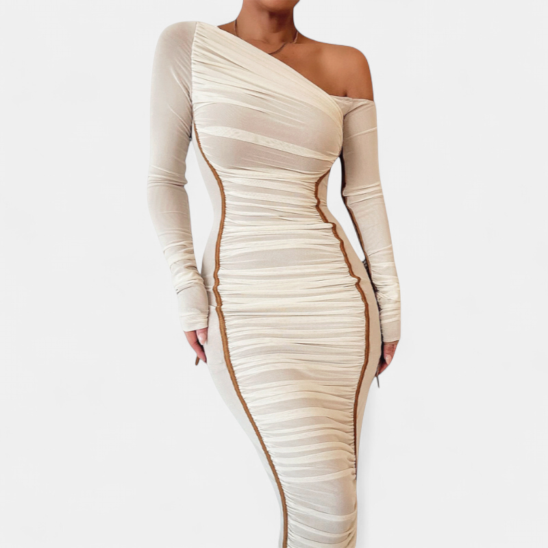 Women's Long Sleeve Cocktail Dress, One Shoulder Ruched Bodycon
