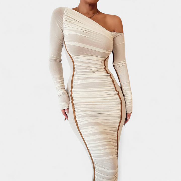 Women's Long Sleeve Cocktail Dress, One Shoulder Ruched Bodycon