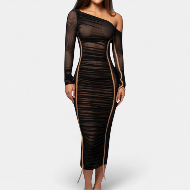 Women's Long Sleeve Cocktail Dress, One Shoulder Ruched Bodycon