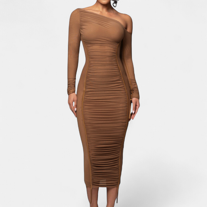 Women's Long Sleeve Cocktail Dress, One Shoulder Ruched Bodycon