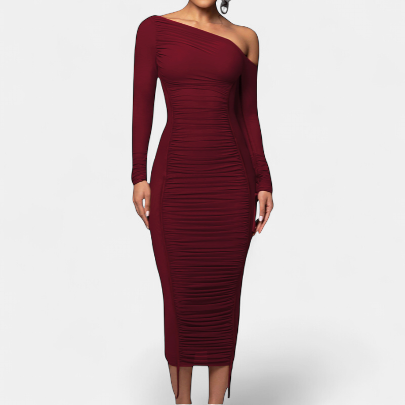 Women's Long Sleeve Cocktail Dress, One Shoulder Ruched Bodycon