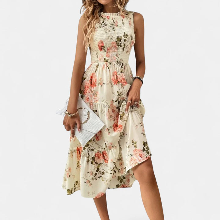 Women's Floral Wedding Guest Midi Dress, Sleeveless Tiered