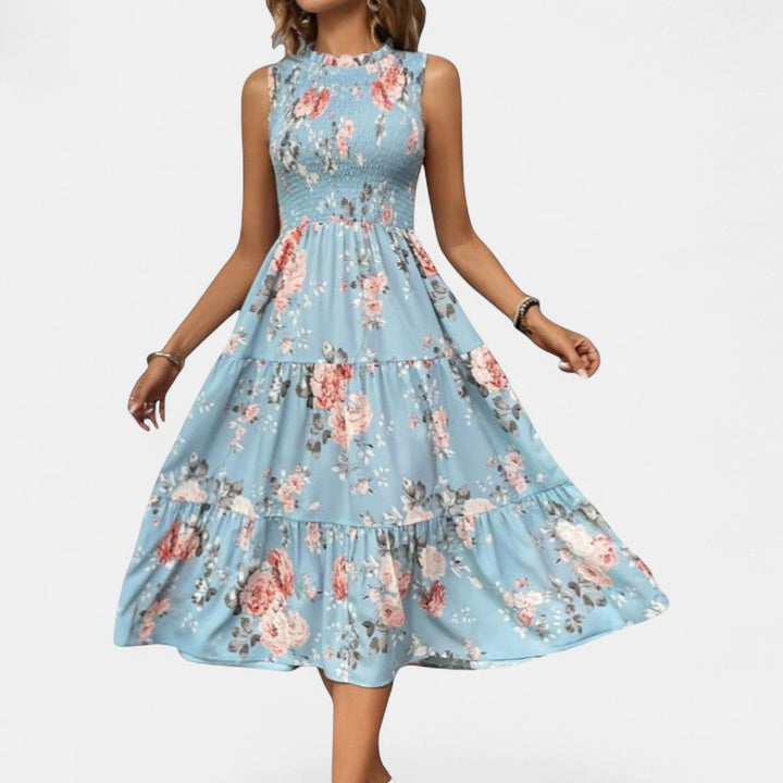 Women's Floral Wedding Guest Midi Dress, Sleeveless Tiered