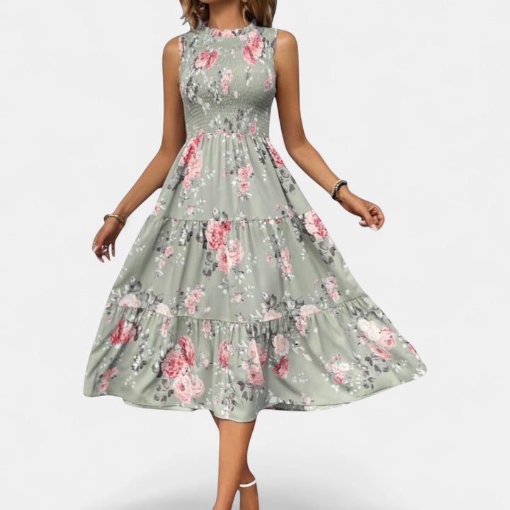 Women's Floral Wedding Guest Midi Dress, Sleeveless Tiered