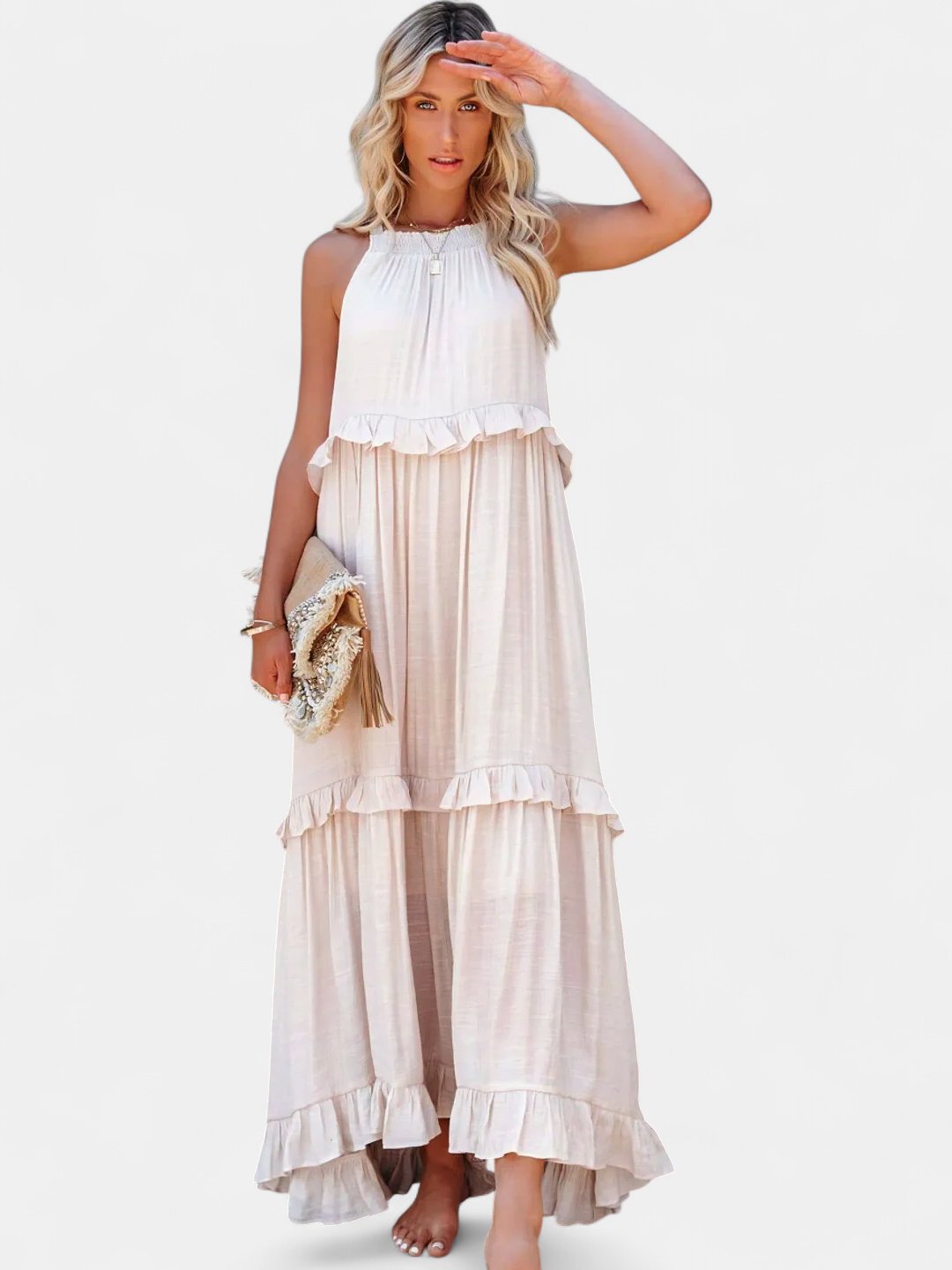 Women's Tiered Wedding Guest Maxi Dress, Halter Neck With Pockets