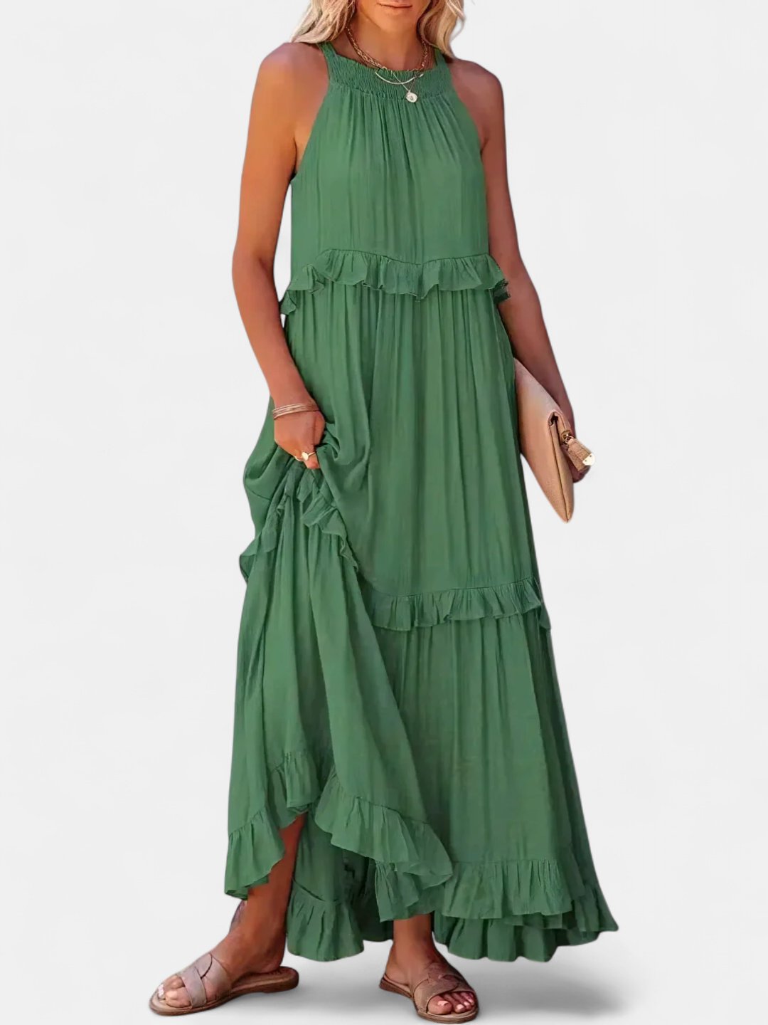 Women's Tiered Wedding Guest Maxi Dress, Halter Neck With Pockets