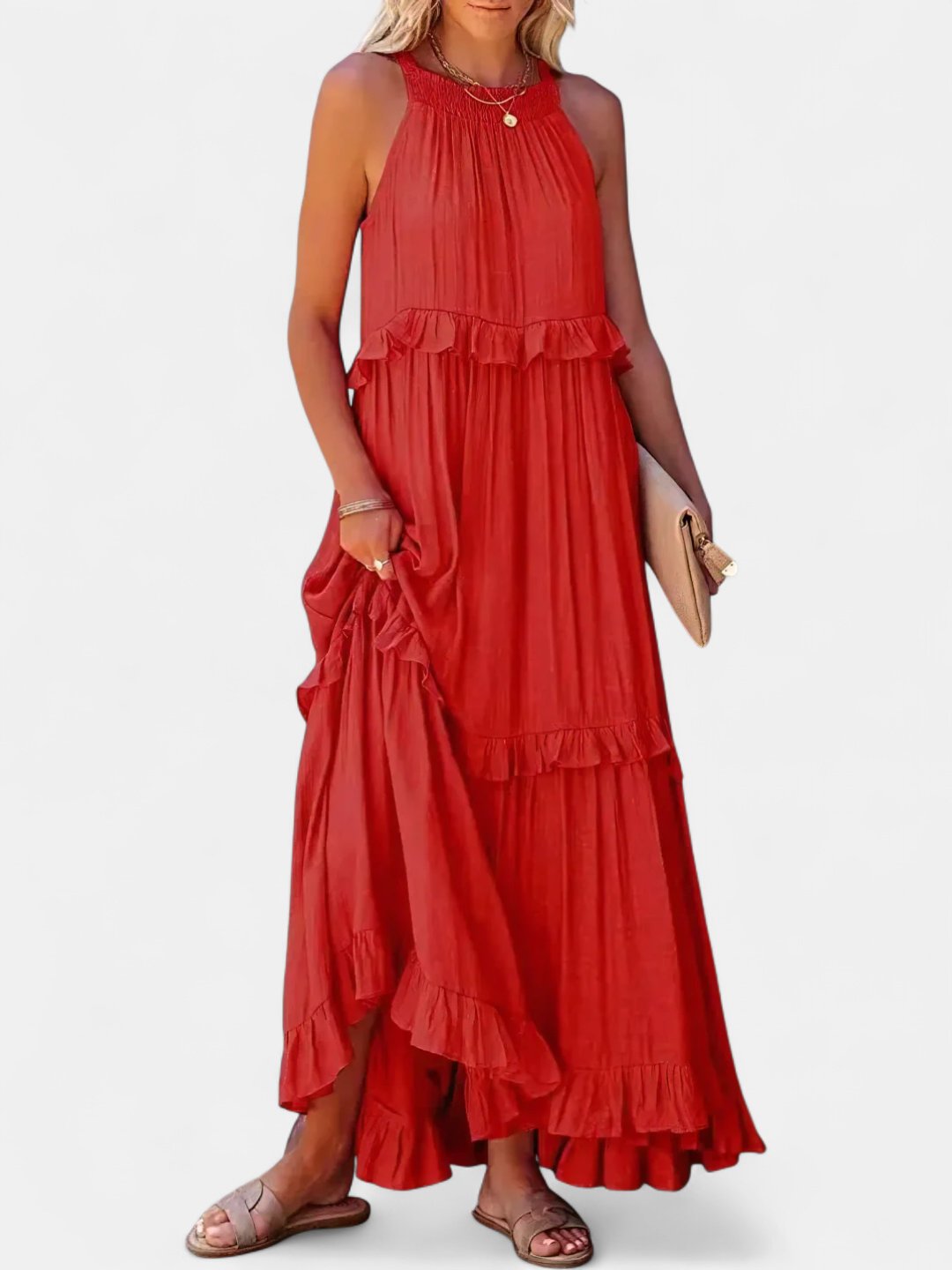 Women's Tiered Wedding Guest Maxi Dress, Halter Neck With Pockets