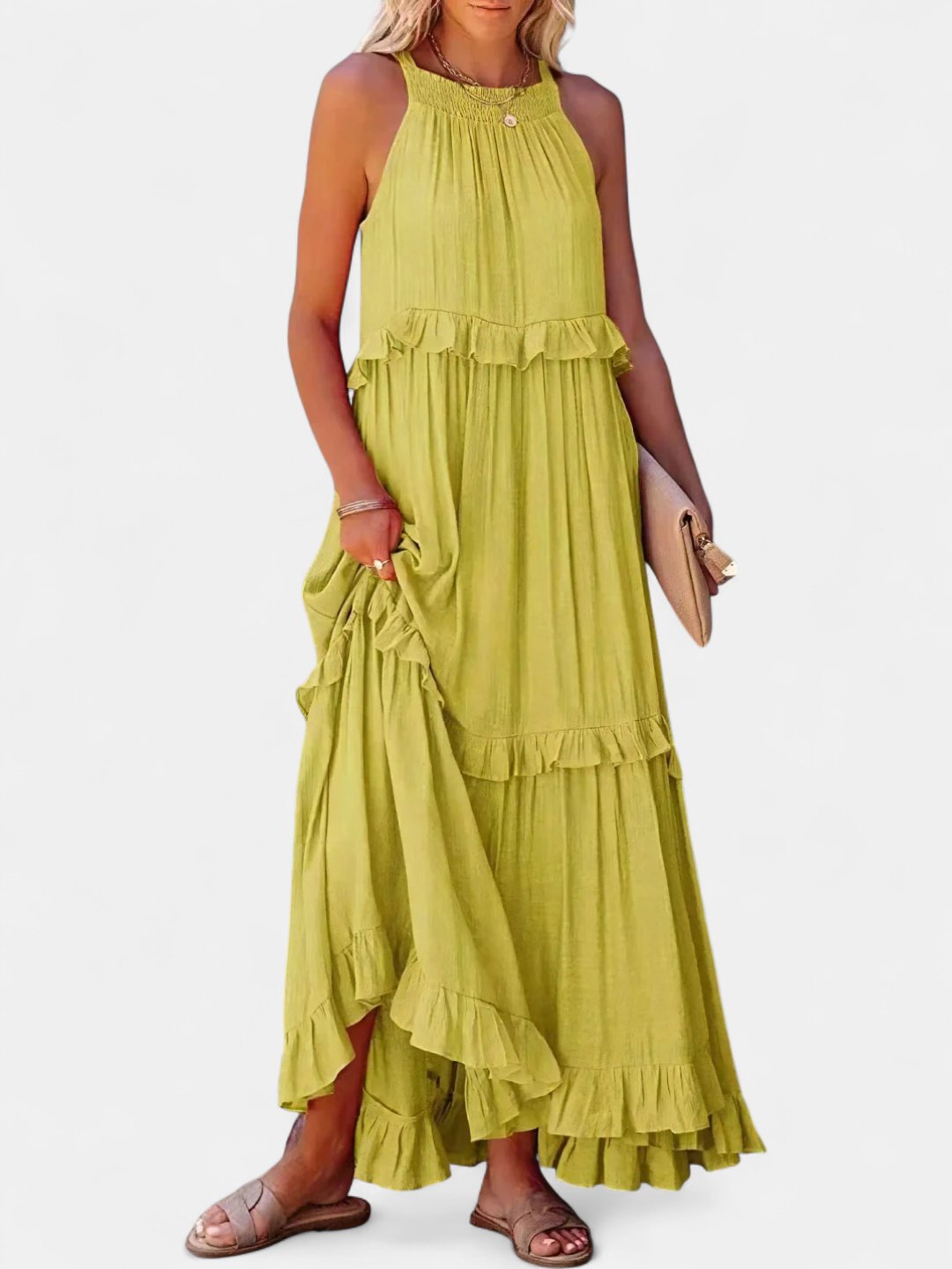 Women's Tiered Wedding Guest Maxi Dress, Halter Neck With Pockets