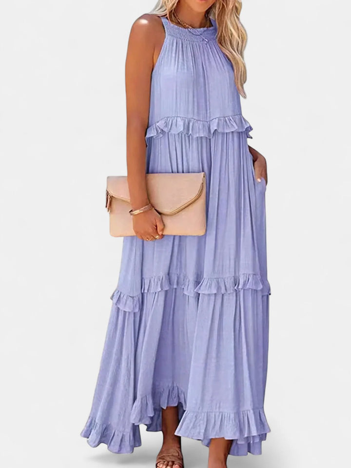 Women's Tiered Wedding Guest Maxi Dress, Halter Neck With Pockets