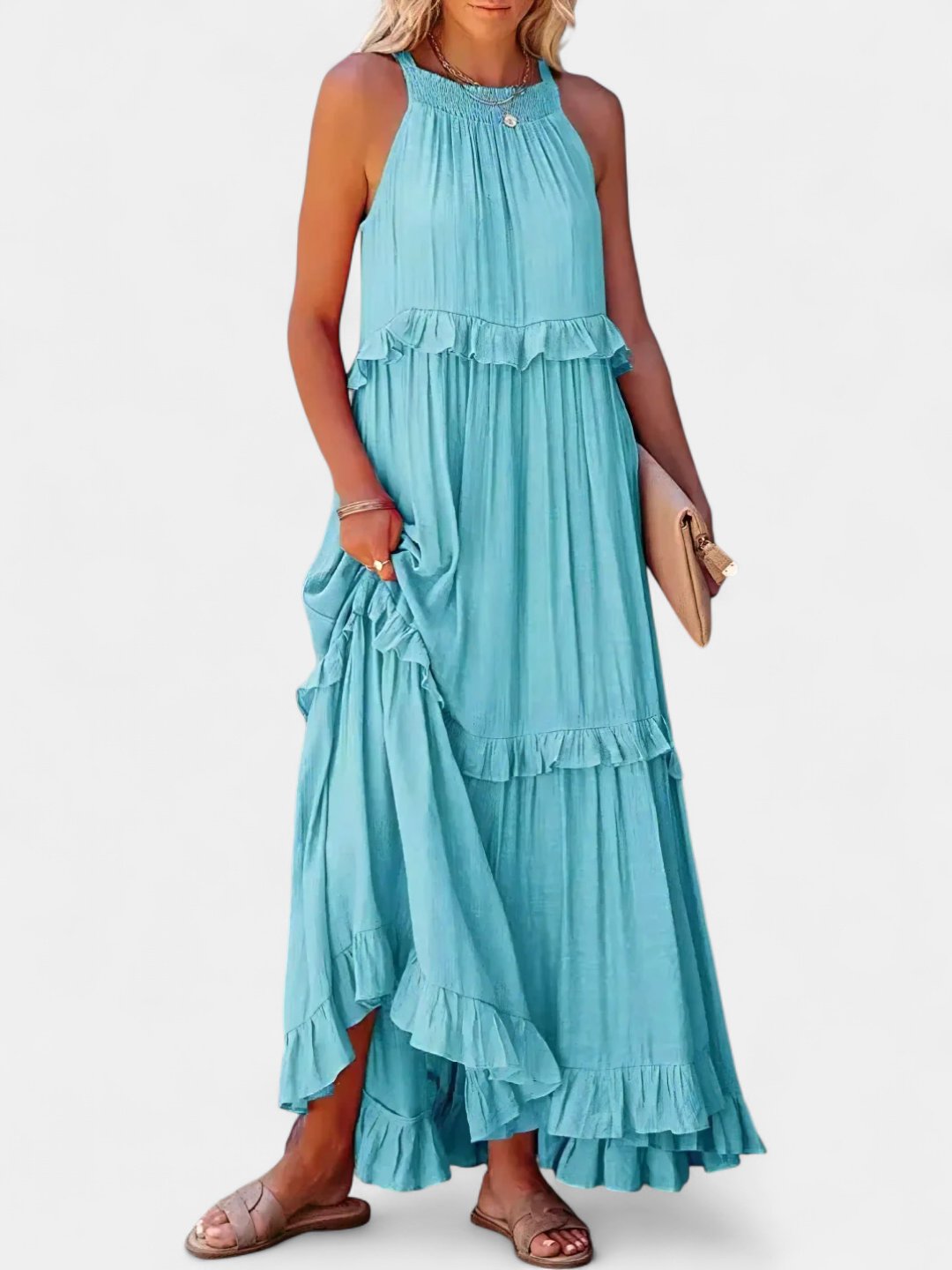 Women's Tiered Wedding Guest Maxi Dress, Halter Neck With Pockets