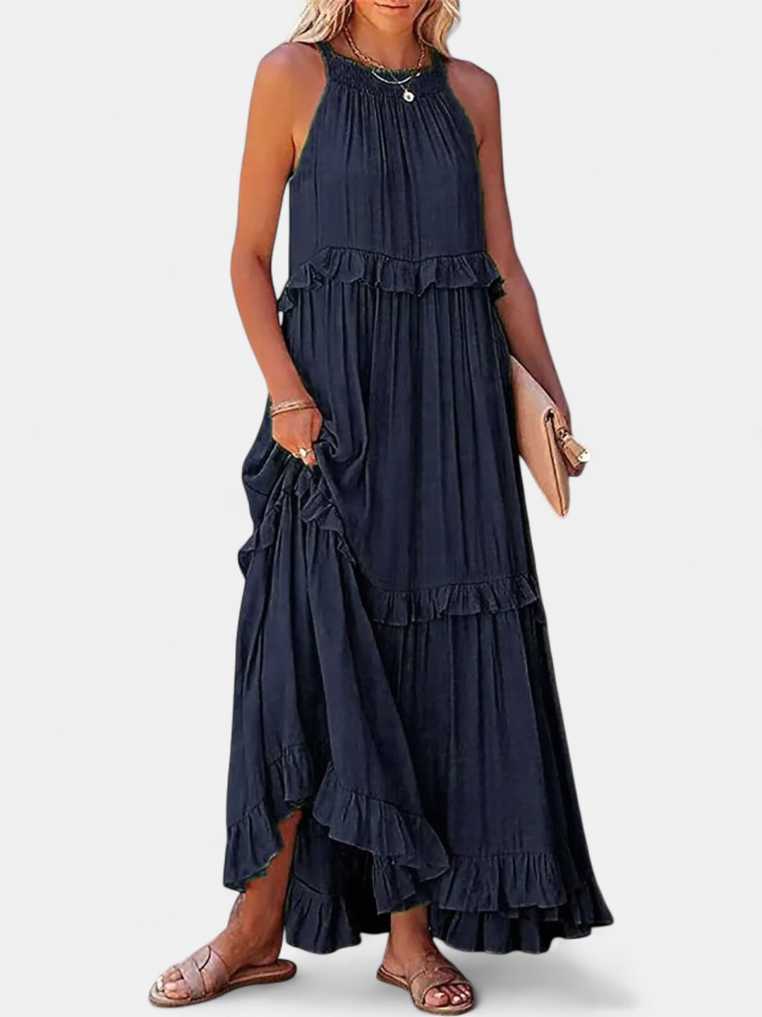 Women's Tiered Wedding Guest Maxi Dress, Halter Neck With Pockets