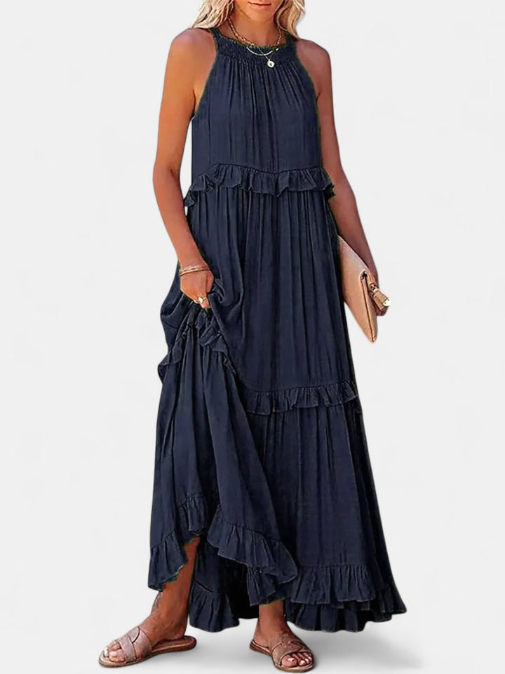 Women's Tiered Wedding Guest Maxi Dress, Halter Neck With Pockets
