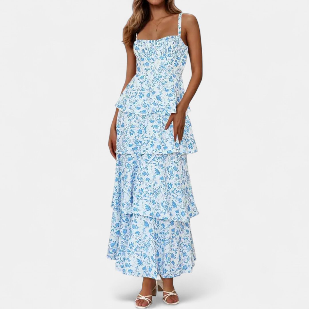 Women's Floral Wedding Guest Maxi Dress, Tiered Spaghetti Strap