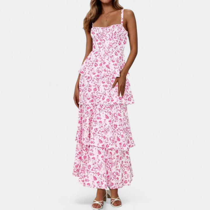 Women's Floral Wedding Guest Maxi Dress, Tiered Spaghetti Strap