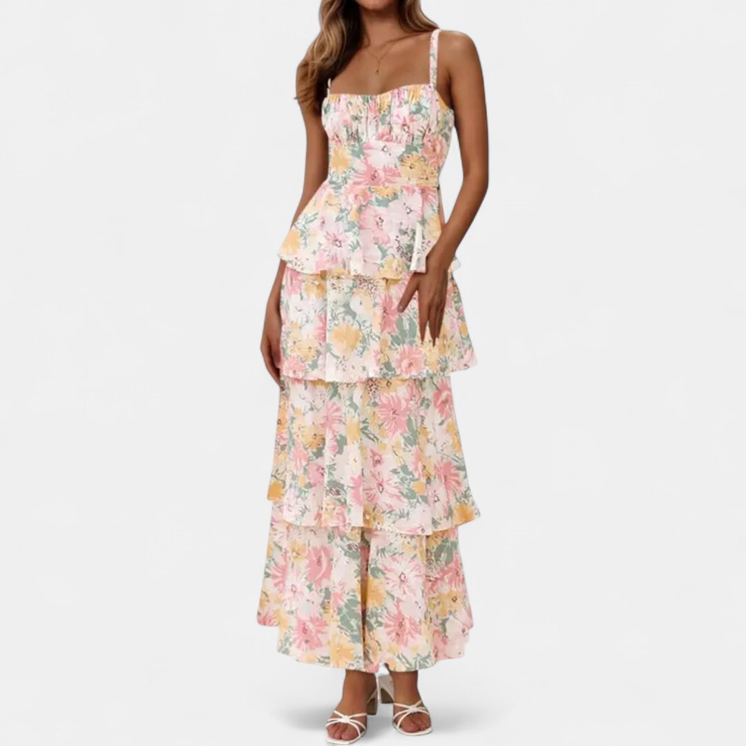 Women's Floral Wedding Guest Maxi Dress, Tiered Spaghetti Strap
